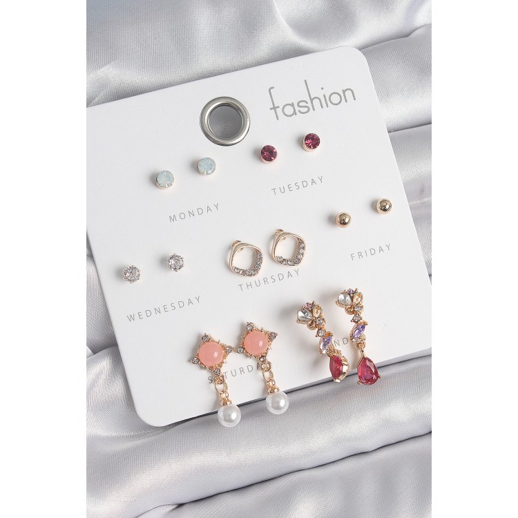 Pirinç Gold Renk Zirkon Taşlı Sallantı İnci Detay 7 Çift Kadın Küpe - TJ-BKP10534