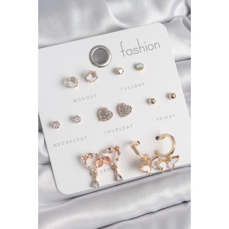 Pirinç Gold Renk Zirkon Taşlı Sallantılı Kalp Figür Kelebek Detay 7 Çift Kadın Küpe Seti - TJ-BKP10539