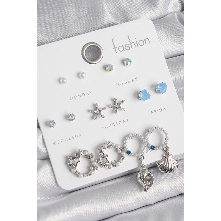 Pirinç Gümüş Renk İncli Zirkon Taşlı Halka Figür Yıldız Detay 7 Çift Kadın Küpe Seti - TJ-BKP10547