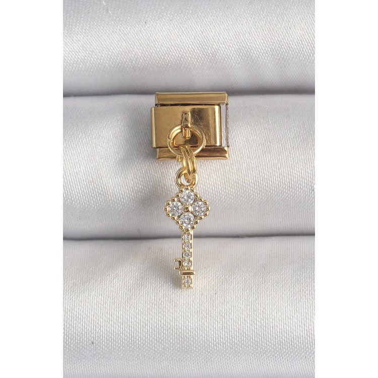 316L Çelik Gold Renk Sallantı Zirkon Taşlı Anahtar Model Nomination Charm - TJ-BC1338
