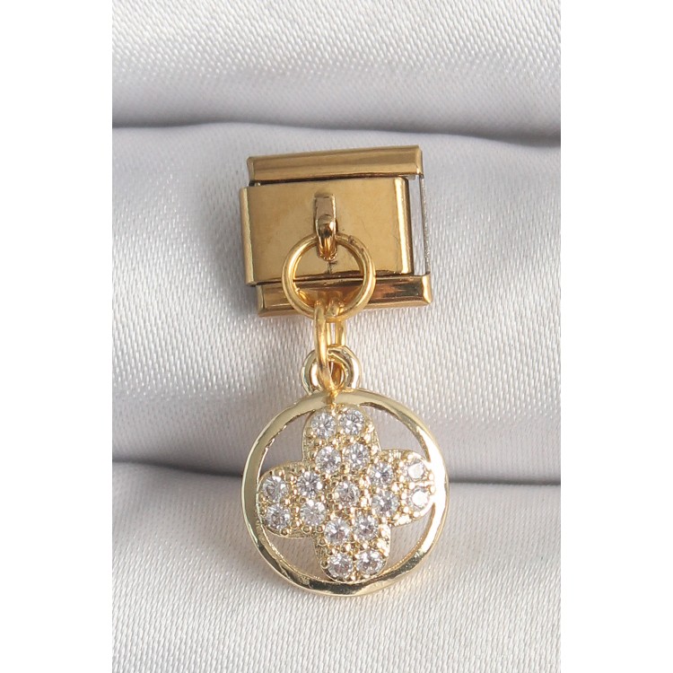 316L Çelik Gold Renk Sallantı Zirkon Taşlı Yonca Model Nomination Charm - TJ-BC1340