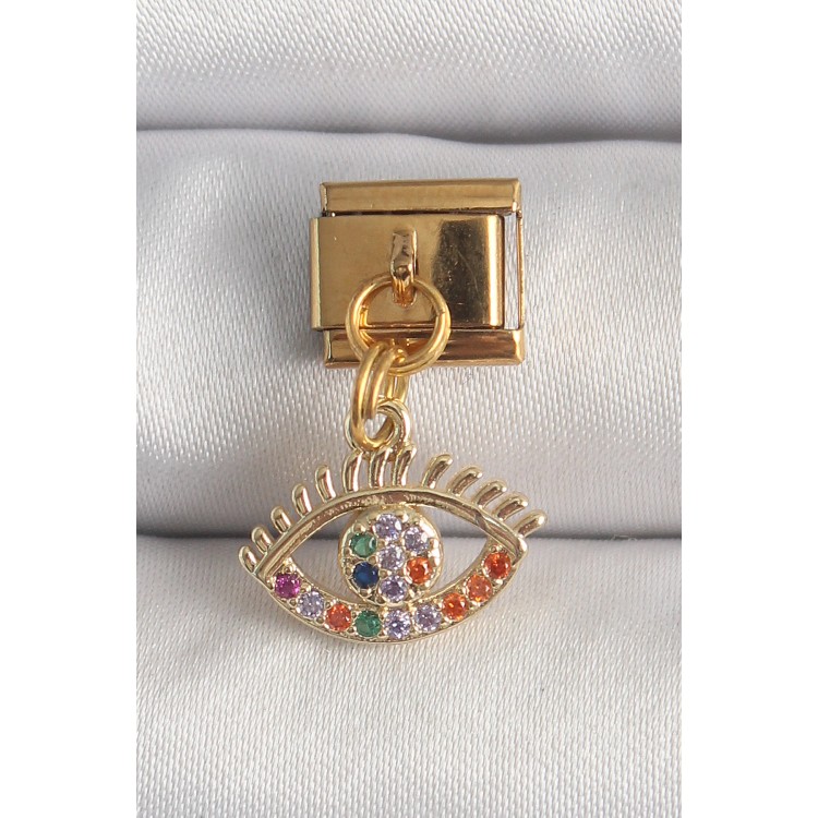 316L Çelik Gold Renk Sallantı Renkli Zirkon Taşlı Göz Model Nomination Charm - TJ-BC1343