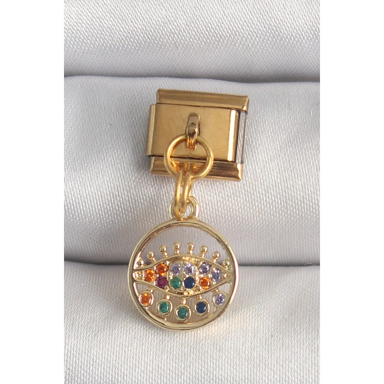 316L Çelik Gold Renk Sallantı Renkli Zirkon Taşlı Göz Model Nomination Charm - TJ-BC1346