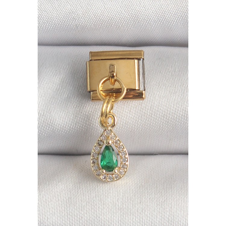 316L Çelik Gold Renk Sallantı Damla Yeşil Zirkon Taşlı Nomination Charm - TJ-BC1349