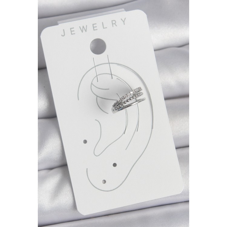 Pirinç Gümüş Renk Zirkon Taşlı 3'Lü Sıralı Model Kadın Kıkırdak Küpe - TJ-BKP10555