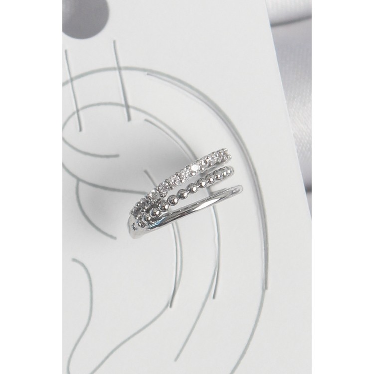 Pirinç Gümüş Renk Zirkon Taşlı 3'Lü Sıralı Model Kadın Kıkırdak Küpe - TJ-BKP10555