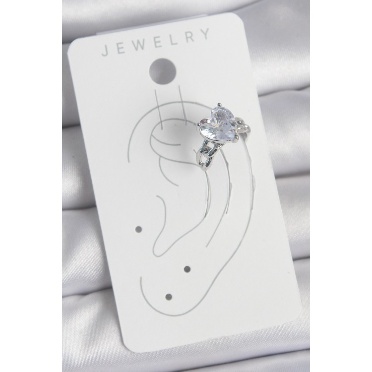 Pirinç Gümüş Renk Zirkon Taşlı Kalp Model Kadın Kıkırdak Küpe - TJ-BKP10563