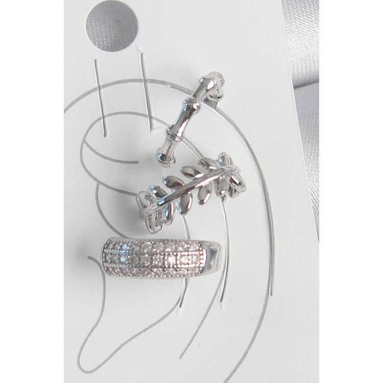 Pirinç Gümüş Renk Zirkon Taşlı 3'Lü Model Yaprak Figür Kadın Kıkırdak Küpe - TJ-BKP10564