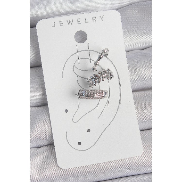 Pirinç Gümüş Renk Zirkon Taşlı 3'Lü Model Yaprak Figür Kadın Kıkırdak Küpe - TJ-BKP10564