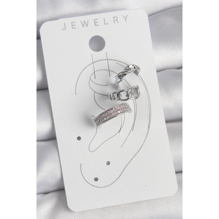 Pirinç Gümüş Renk Zirkon Taşlı 3'Lü Zincir Sarmal Model Kadın Kıkırdak Küpe - TJ-BKP10565