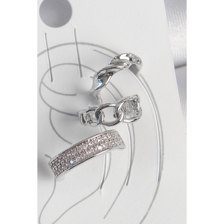 Pirinç Gümüş Renk Zirkon Taşlı 3'Lü Zincir Sarmal Model Kadın Kıkırdak Küpe - TJ-BKP10565