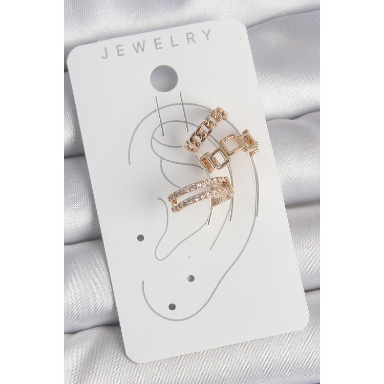 Pirinç Gold Renk Zirkon Taşlı Kare Zincir Model Kadın Kıkırdak Küpe - TJ-BKP10588