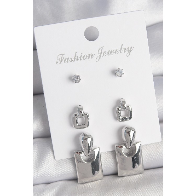 Pirinç Gümüş Renk Zirkon Taş Detay Sallantılı Kare Model 3 Çift Kadın Küpe Seti - TJ-BKP10603
