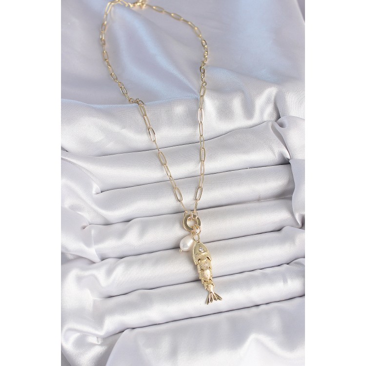 İnci Detaylı Zirkon Taşlı Balık Figürlü Gold Renk Pirinç Kolye - TJ-BKO10214