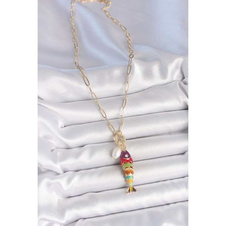 İnci Detaylı Zirkon Taşlı Rainbow Balık Figürlü Gold Renk Pirinç Kolye - TJ-BKO10215