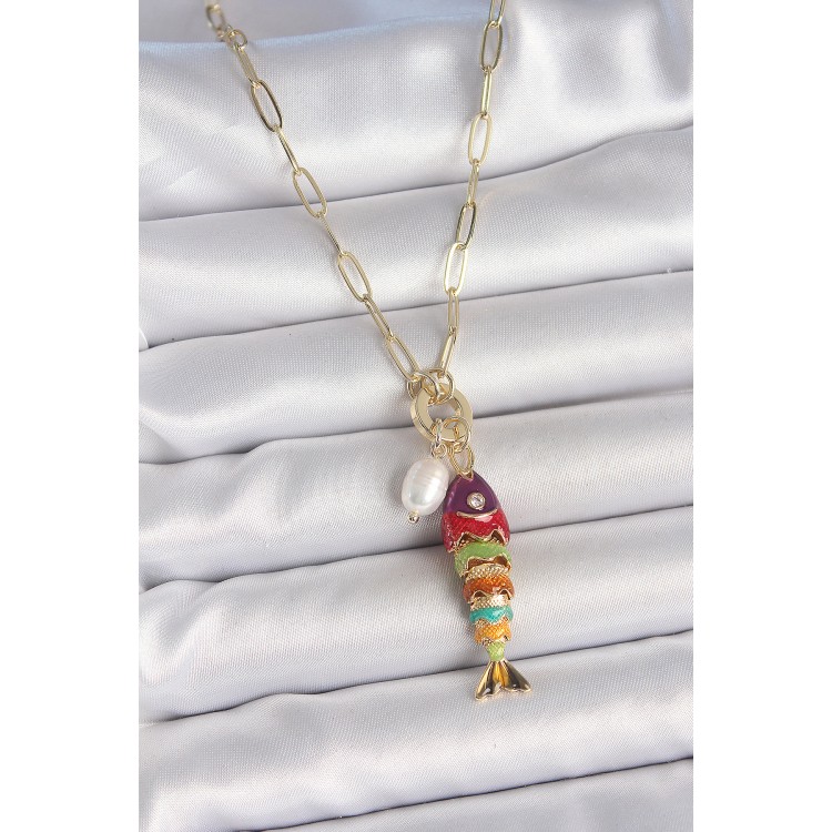 İnci Detaylı Zirkon Taşlı Rainbow Balık Figürlü Gold Renk Pirinç Kolye - TJ-BKO10215