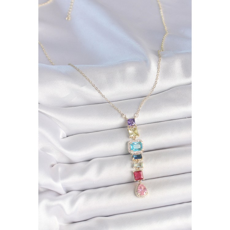 Gold Karışık Renk Zirkon Taşlı Y Pirinç Kolye - TJ-BKO10225