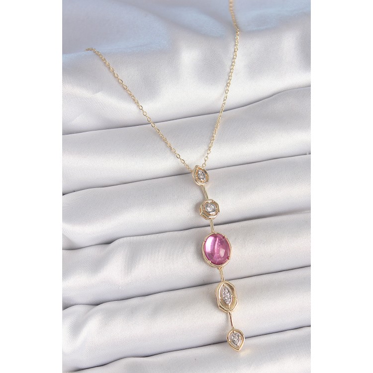 Pirinç Zincir Gold Renk Pembe Zirkon Taşlı Y Kolye - TJ-BKO10228