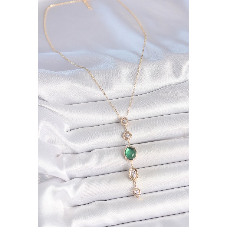 Pirinç Zincir Zümrüt Yeşil Gold Renk Zirkon Taşlı Y Kolye - TJ-BKO10229