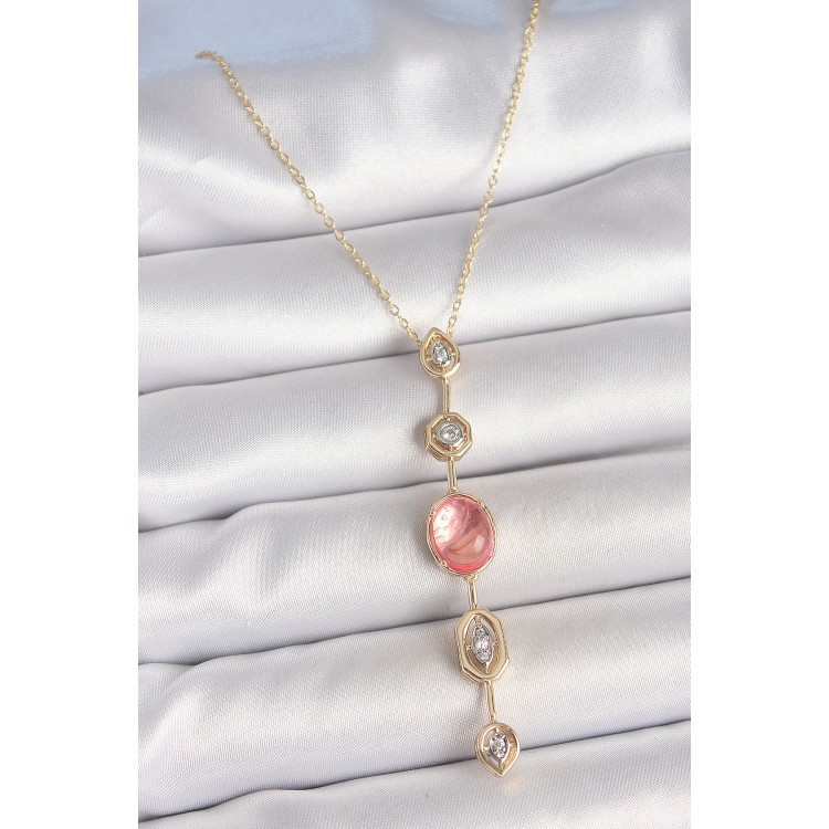 Pirinç Zincir Pembe Gold Renk Zirkon Taşlı Y Kolye - TJ-BKO10231