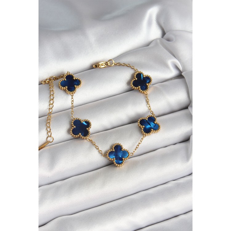 316L Çelik Sedefli Lacivert Gold Renk Yonca Kadın Bileklik - TJ-BB6964