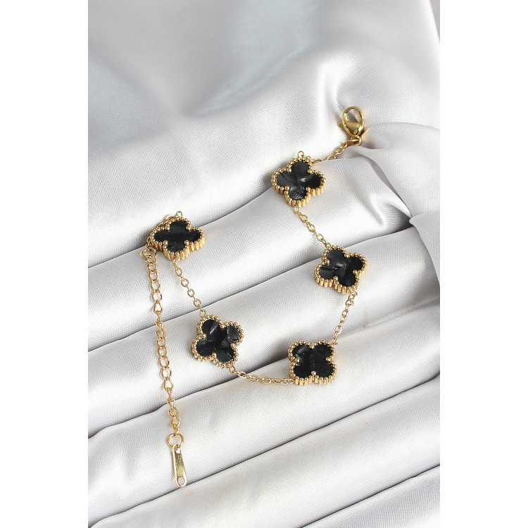 316L Çelik Sedefli Siyah Gold Renk Yonca Kadın Bileklik - TJ-BB6969