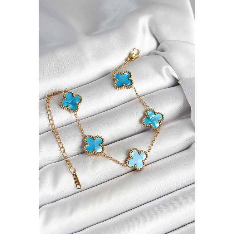 316L Çelik Sedefli Gökyüzü Mavisi Gold Renk Yonca Kadın Bileklik - TJ-BB6967