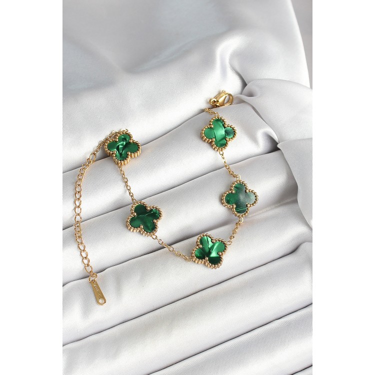 316L Çelik Sedefli Zümrüt Yeşil Gold Renk Yonca Kadın Bileklik - TJ-BB6968