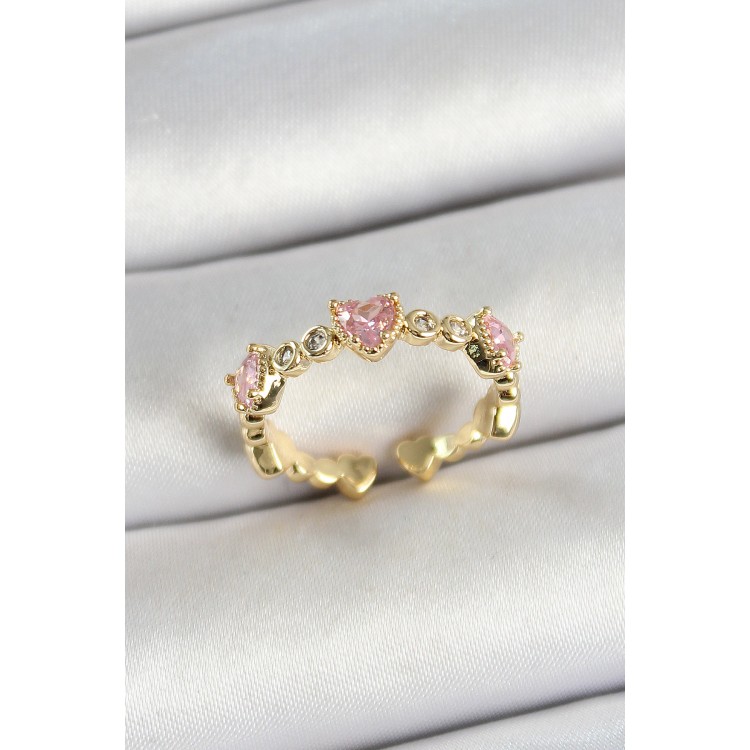 Pirinç Sıralı Kalp Figürlü Zirkon Taşlı Gold Renk Ayarlanabilir Kadın Yüzük - TJ-BYK3756