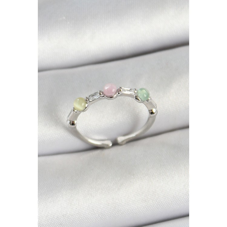 Pirinç Sıralı Boncuk Figürlü Zirkon Taşlı Gümüş Renk Ayarlanabilir Kadın Yüzük - TJ-BYK3759