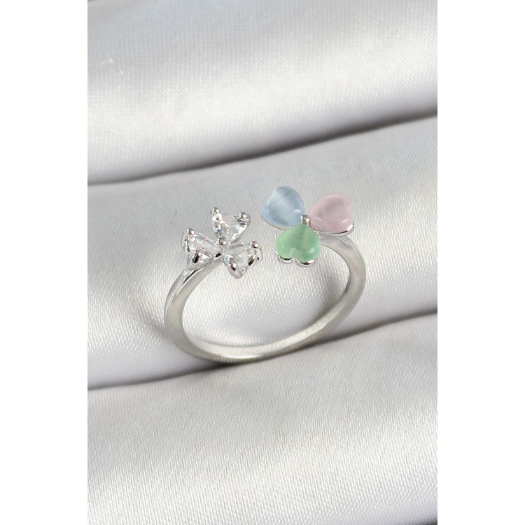 Pirinç Kalp Figürlü Zirkon Taşlı Gümüş Renk Ayarlanabilir Kadın Yüzük - TJ-BYK3763