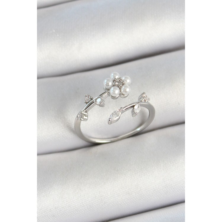 Pirinç İnci Detaylı Papatya Figürlü Zirkon Taşlı Gümüş Renk Ayarlanabilir Kadın Yüzük - TJ-BYK3771