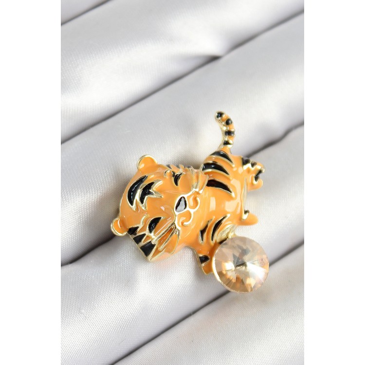 Zirkon Taşlı Siyah Çizgili Turuncu Kaplan Figürlü Gold Renk Kadın Broş - TJ-BR455