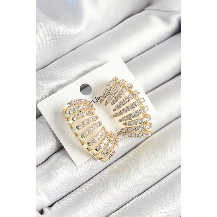 Pirinç Zirkon Taşlı Çoklu Görünümlü Model Gold Renk Kadın Küpe - TJ-BKP10632