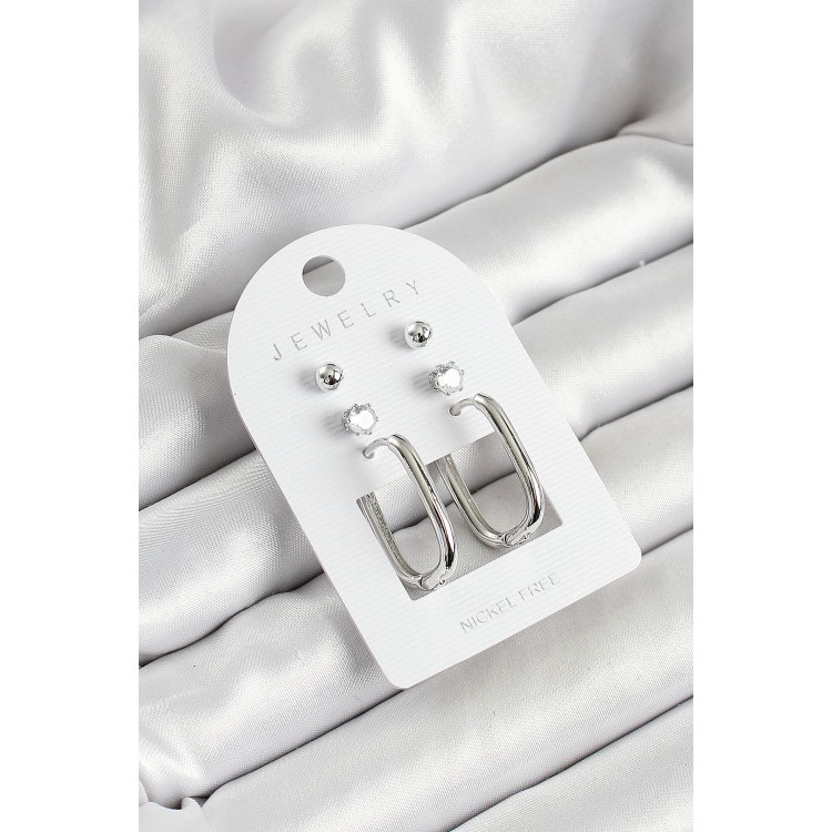 Pirinç Zirkon Taş Ve Dikdörtgen Figürlü Gümüş Renk 3'lü Çift Kadın Küpe Set - TJ-BKP10645