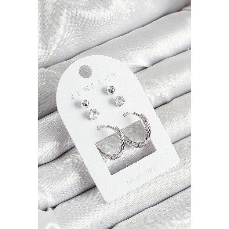 Pirinç Zirkon Taş Ve Halka Figürlü Gümüş Renk 3'lü Çift Kadın Küpe Set - TJ-BKP10646