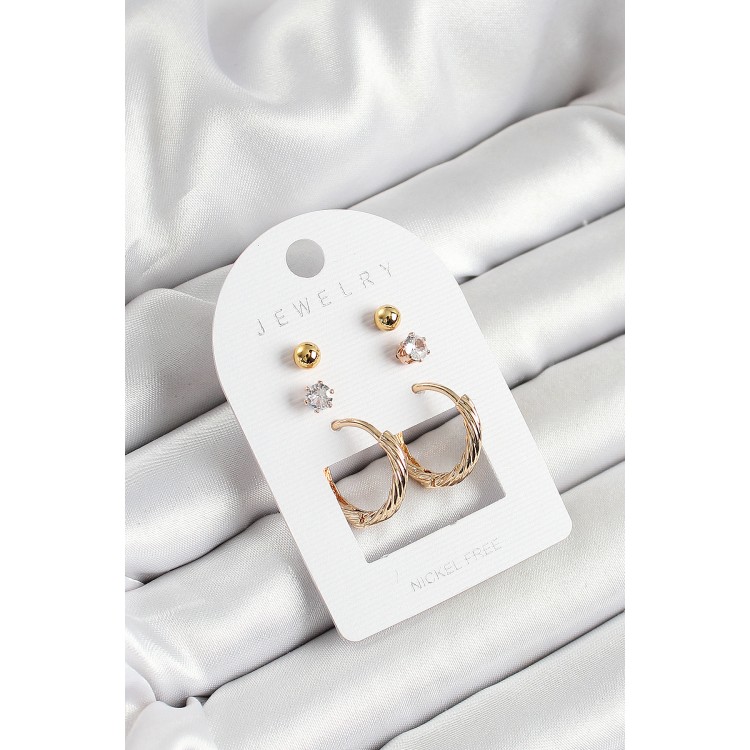 Pirinç Zirkon Taş Ve Halka Figürlü Gold Renk 3'lü Çift Kadın Küpe Set - TJ-BKP10652
