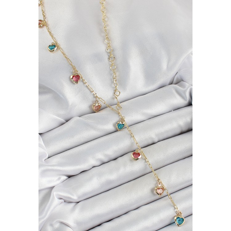 Pirinç Asorti Kalp Model Gold Renk Zirkon Taşlı Y Kolye - TJ-BKO10248