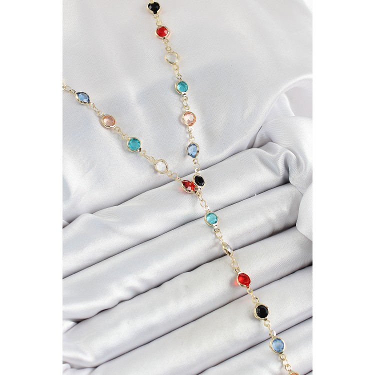 Pirinç Asorti Model Gold Renk Zirkon Taşlı Y Kolye - TJ-BKO10249