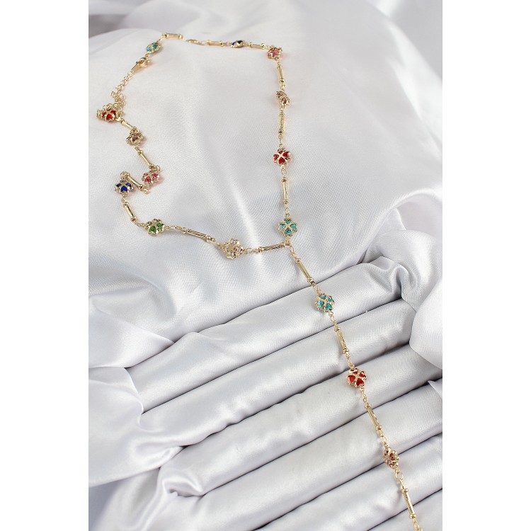 Pirinç Asorti Kalpli Yonca Model Gold Renk Zirkon Taşlı Y Kolye - TJ-BKO10255