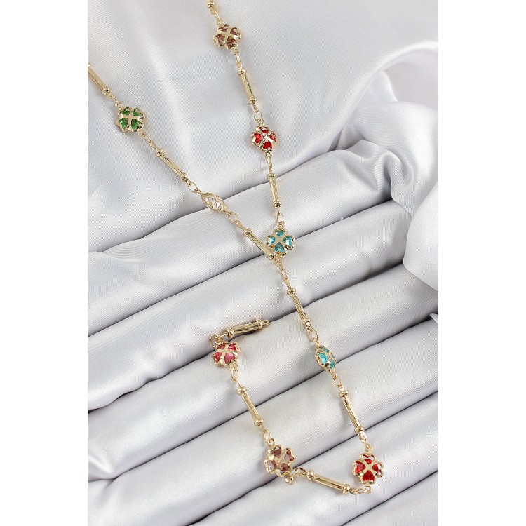 Pirinç Asorti Kalpli Yonca Model Gold Renk Zirkon Taşlı Y Kolye - TJ-BKO10255