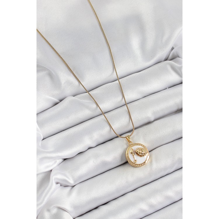 316L Çelik Zincir Beyaz Mineli Sanatsal Portre İstiridye Model Gold Renk Kadın Kolye - TJ-BKO10267