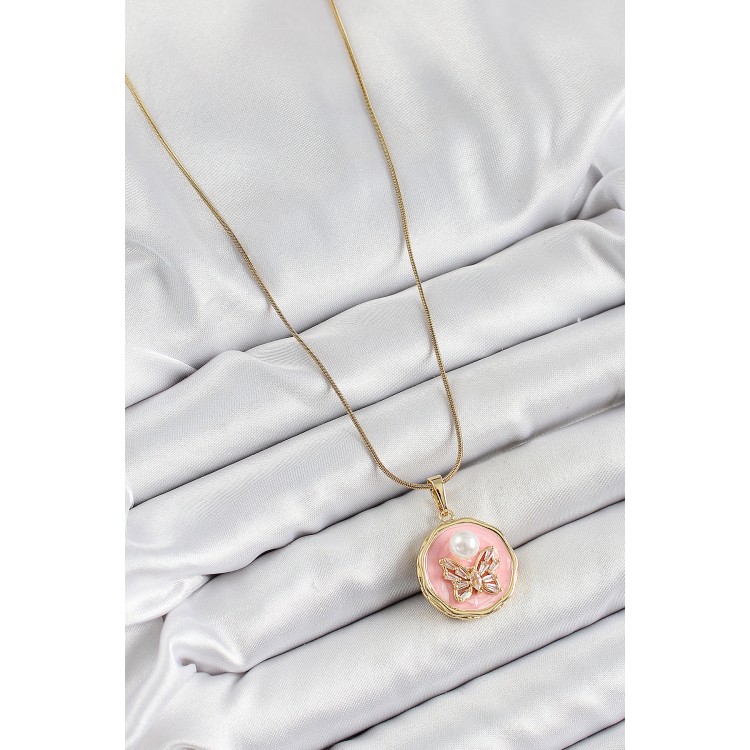 316L Çelik Zincir Zirkon Taşlı Pembe Sanatsal Portre İnci Detaylı Kelebek Model Gold Renk Kadın Kolye - TJ-BKO10276