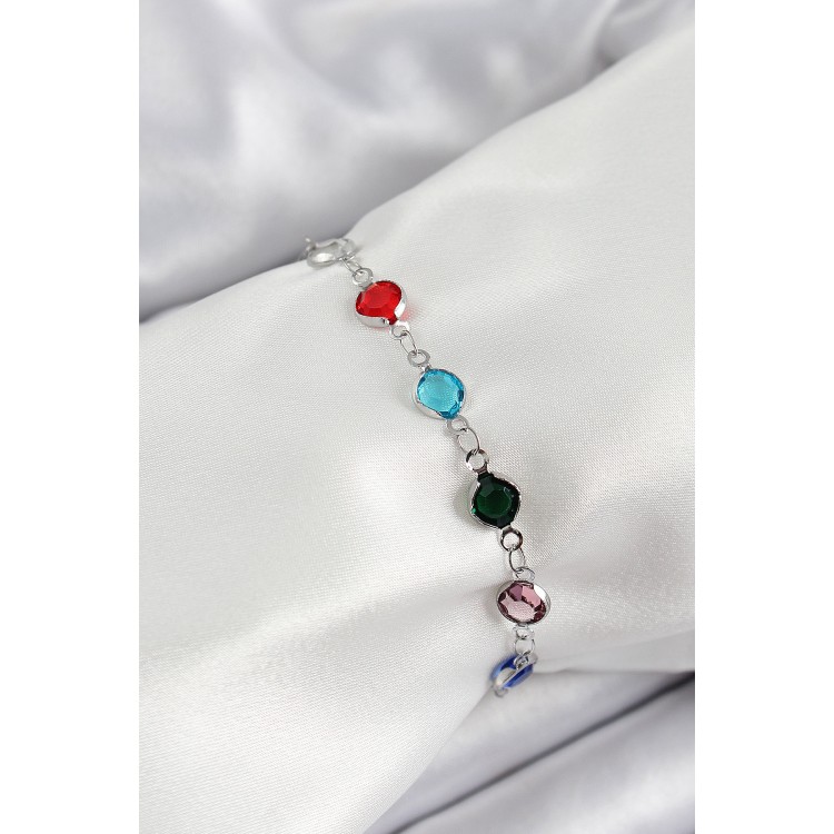 Pirinç Gümüş Renk Karışık Renk Zirkon Taşlı Kadın Bileklik - TJ-BB7046