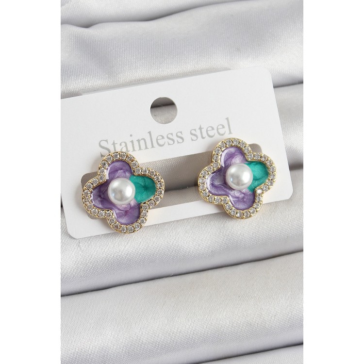 Pirinç Mor Mineli İnci Detaylı Zirkon Taşlı Sanatsal Portre Yonca Model Gold Renk Kadın Küpe - TJ-BKP10680