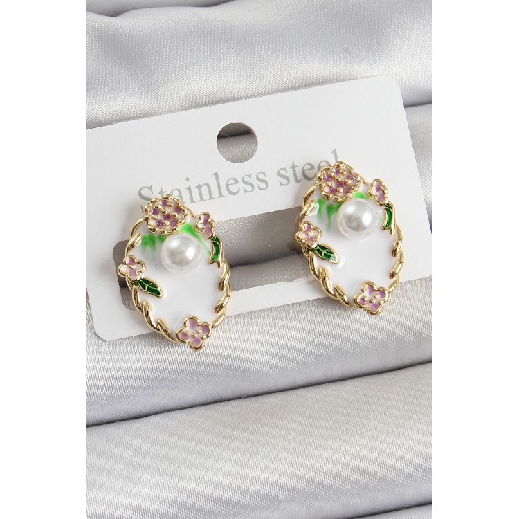 Pirinç Beyaz Mineli İnci Detaylı Sanatsal Portre Model Gold Renk Kadın Küpe - TJ-BKP10689