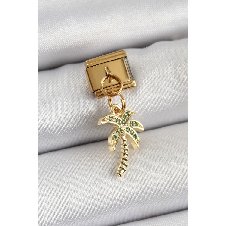 316L Çelik Sallantılı Zirkon Taşlı Palmiye Ağacı Model Gold Renk Nomination Charm - TJ-BC1398