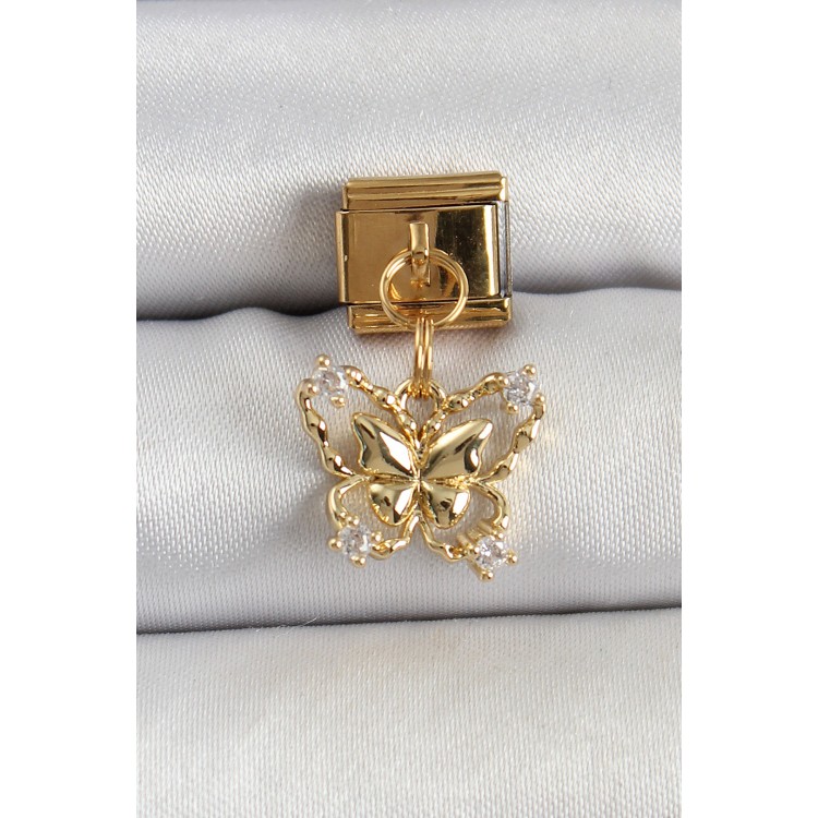 316L Çelik Sallantılı Zirkon Taşlı Kelebek Model Gold Renk Nomination Charm - TJ-BC1408