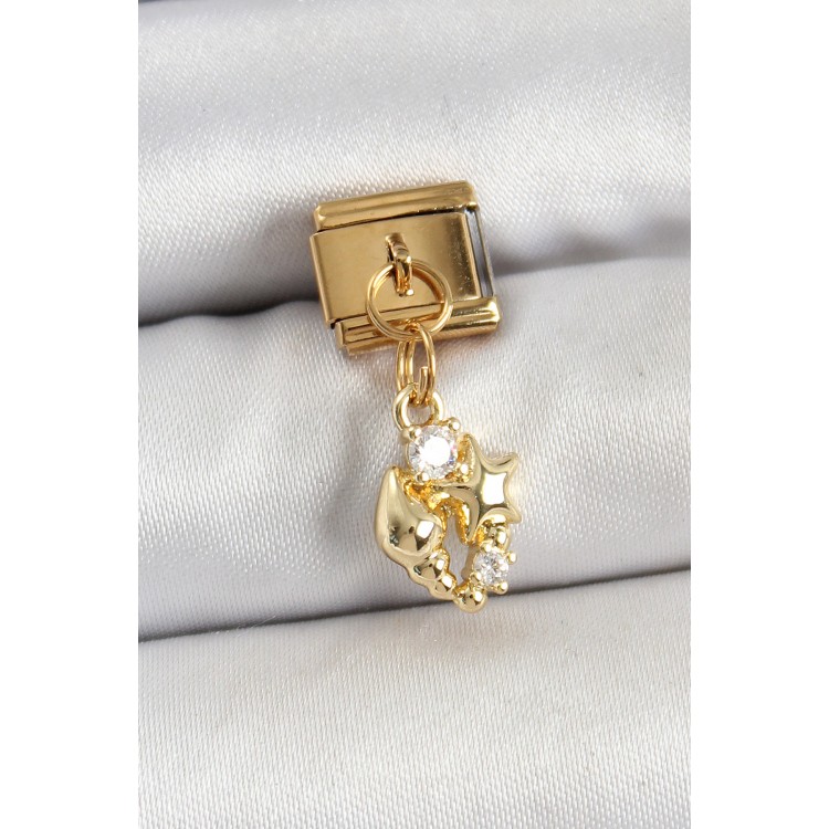 316L Çelik Sallantılı Zirkon Taşlı Deniz Kabuğu Ve Yıldız Model Gold Renk Nomination Charm - TJ-BC1436