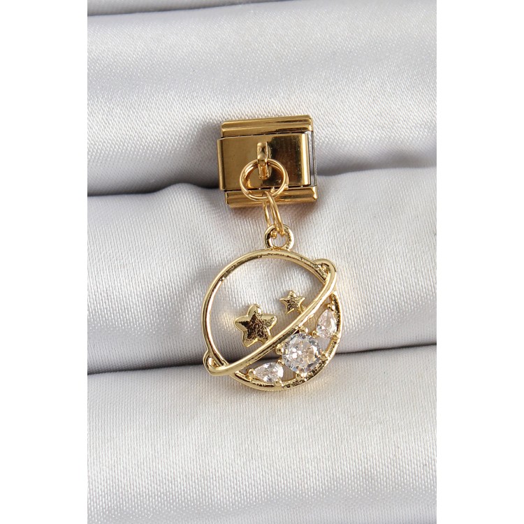 316L Çelik Sallantılı Zirkon Taşlı Satürn Model Gold Renk Nomination Charm - TJ-BC1418